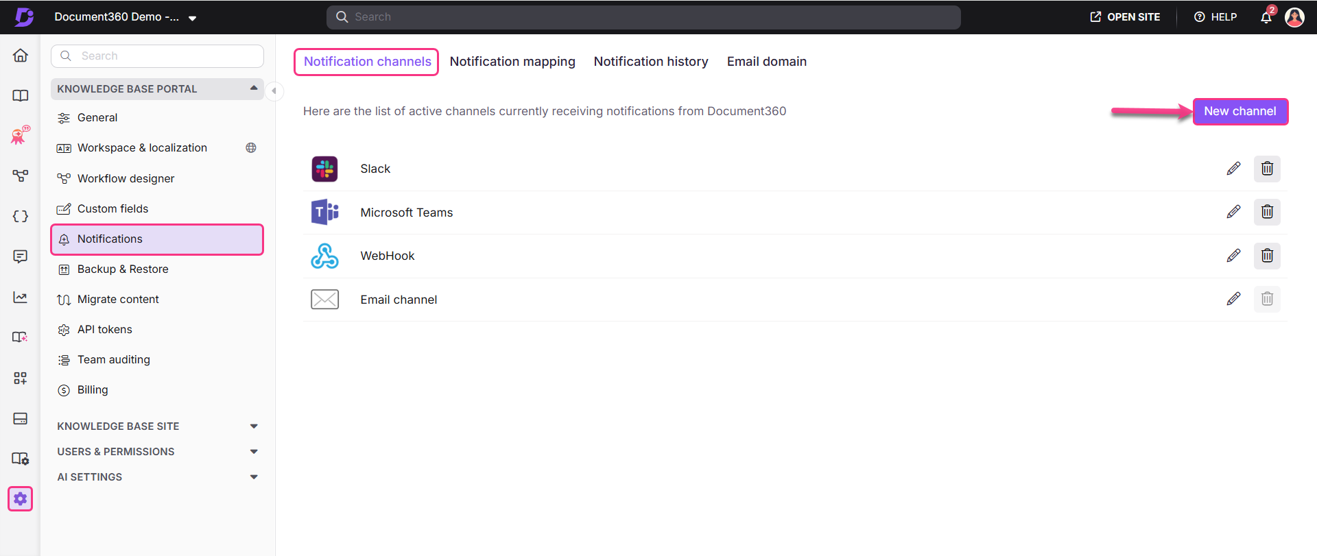 Overview of notification channels in Document360 with options to add new channels.
